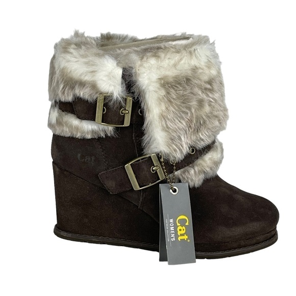 CATERPILLAR CAT BOISTEROUS FAUX FUR CAFE BROWN SUEDE WEDGE WINTER BOOTIES BOOTS - Picture 3 of 13